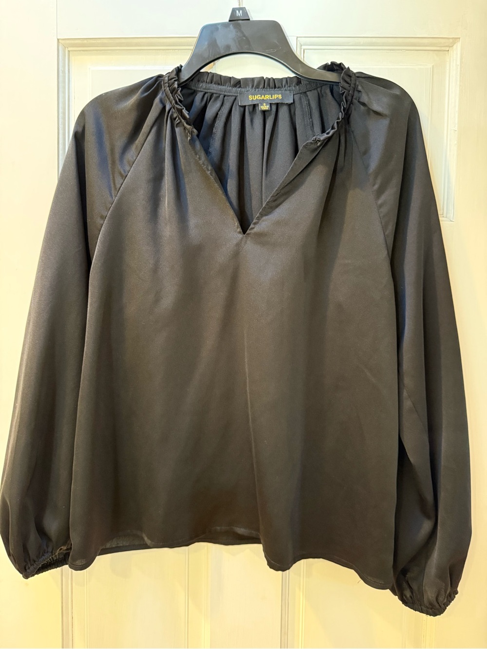 Sugarlips Black Long-Sleeve Gathered Neck Blouse